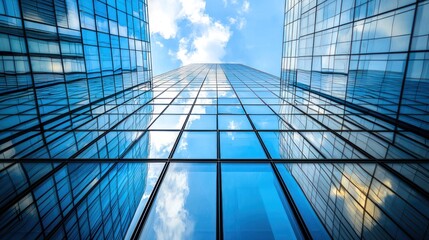 Modern glass skyscraper facades, low angle view, urban city skyline, bright day