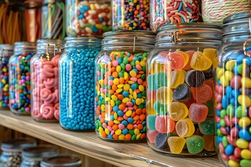 A selection of colorful candy jars filled with gummies, jelly beans, and licorice, displayed on a candy shop counter