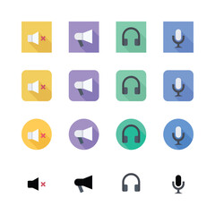 Flat design icons, audio symbols, mute button,
megaphone, headphones, microphone, yellow,
purple, green, blue backgrounds, minimalist,
long shadow effect, square and circular shapes,