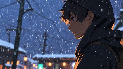 A young man stands in snowy street at night, gazing pensively