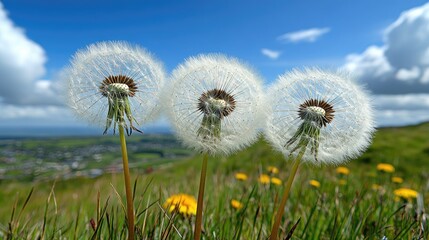 Naklejka premium Three dandelions hillside sunny day, rural view, nature background