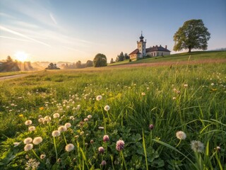 Architectural lines frame a sun-drenched summer scene: dandelions, clover, and a vast blue sky.
