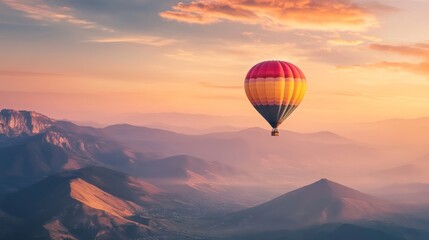 A hot air balloon floating over mountain peaks at sunrise.