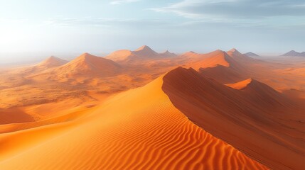 Naklejka premium Desert Sunrise, Sand Dunes, Mountains, Misty Horizon. Possible use Travel, Adventure, Nature