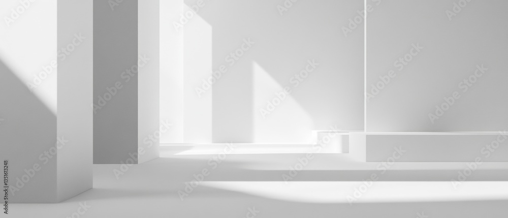 Poster modern minimalist architectural space with soft natural light and geometric shapes creating an invit