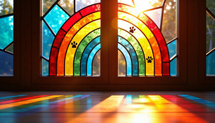 Vibrant rainbow stained glass window with paw prints casting colorful light patterns on the floor
