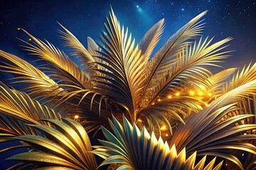 Surreal Golden Palm Leaves Deep Blue Glitter Background Luxury Photography Art Print