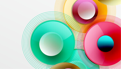 Sleek vector design with overlapping circles in vibrant colors and smooth gradients. Dynamic composition with depth, symmetry, and minimalistic elegance on a light background