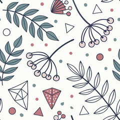 Floral Geometry: A repeating pattern of stylized leaves, berries, and geometric shapes forms a seamless backdrop, perfect for adding a touch of organic design to any project.