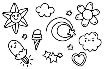 Obraz premium Whimsical Doodles: An array of charming, hand-drawn illustrations featuring a smiling sun, playful clouds, delightful flower, ice cream and other cute objects. A burst of joy.