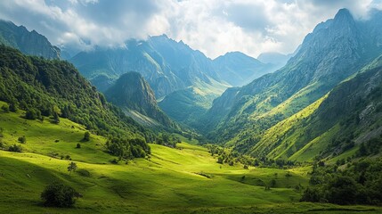 Obraz premium A lush green valley surrounded by towering mountains.