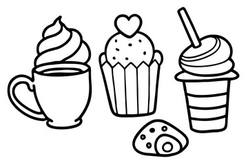 Indulge in Monochrome Delights: A collection of appetizing, meticulously outlined, monochrome illustrations showcasing coffee, a cupcake adorned with a heart, and a refreshing drink.