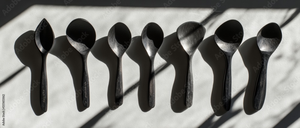 Aufkleber elegant display of black wooden spoons cast in gentle shadows on a light surface highlighting crafts
