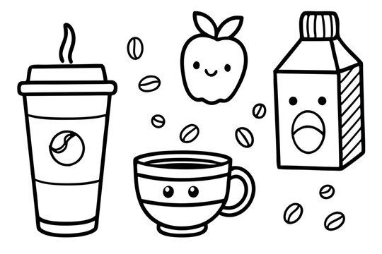A Cheerful Morning: Whimsical cartoon illustration of breakfast essentials, coffee cup with bean and steam, apple and Milkbox ready to start the day