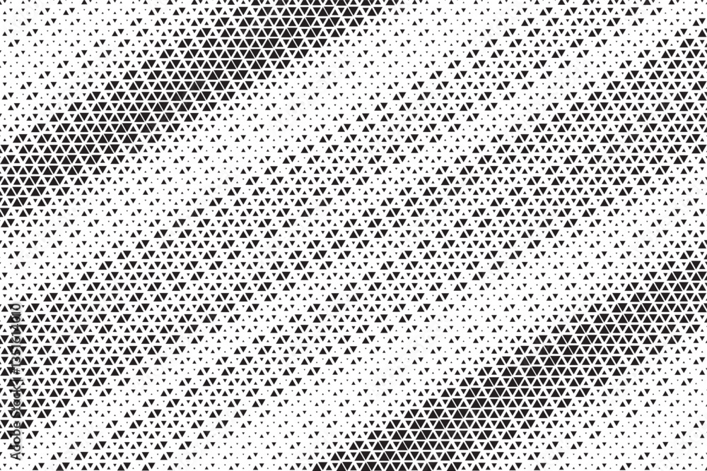 Poster Halftone triangle abstract grunge background. Monochrome geometric vector pattern. Vector illustration.	