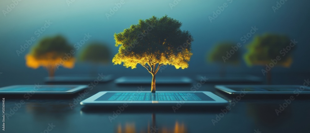 Poster digital innovation and nature integration concept with tree growing from devices in a vibrant, imagi
