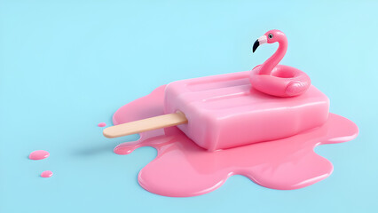 Melting Pink Popsicle with Mini Flamingo Float on Blue Background – Summer Concept of Heat and Fun