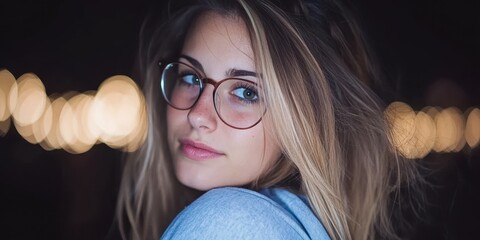 A woman with long blonde hair and glasses. She is wearing a blue shirt. She is looking at the camera
