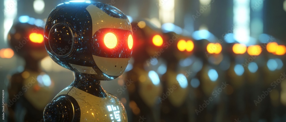 Poster futuristic robots with glowing eyes in a high-tech environment, showcasing advanced technology and m