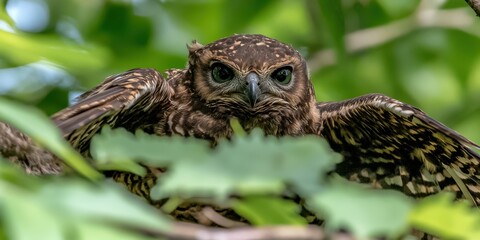 Obraz premium A baby owl is perched on a tree branch. The owl has brown feathers and a black face