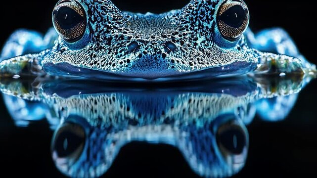 Close-up of a vibrant blue frog reflecting in water, nocturnal setting