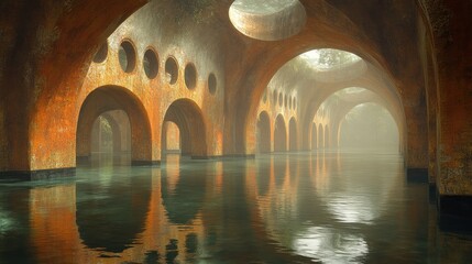 An architectural interior with arches and water creates a scene