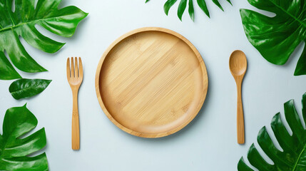 beautiful bamboo plate surrounded by green leaves, showcasing eco friendly dining options