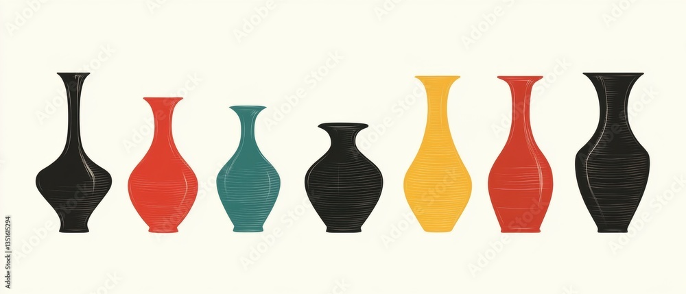 Aufkleber colorful array of decorative vases in modern design with a mix of silhouettes and shapes on light ba