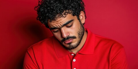 Fototapeta premium A man wearing a red shirt is looking at the camera. He has a beard and a mustache