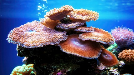 Obraz premium Vibrant Coral Reef Close-Up with Colorful Coral Polyps and Clear Blue Water Background