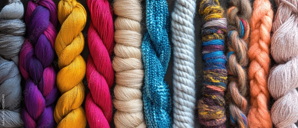Poster colorful yarn threads for knitting and crafting in various textures and tones showcasing an array of