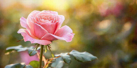 Obraz premium hermosa rosa de color rosa, con tallo verde y espinas, sobre fondo desenfocado de un jardin verde iluminado por el sol cone spacio vacio