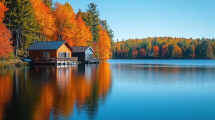 Obraz premium Autumn cabins on a serene lake, vibrant fall foliage reflected in water