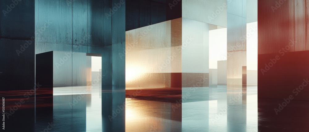 Aufkleber abstract geometric composition with reflective surfaces and colorful lighting in a modern architectu