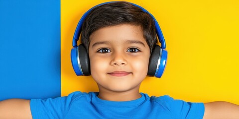 A young boy wearing blue headphones. He is smiling. The background is yellow