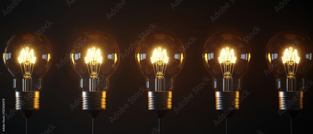 Poster multiple vintage light bulbs glowing brightly in a row on a dark background with an elegant design f