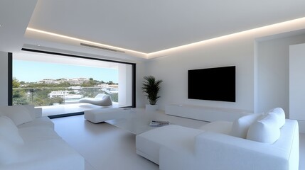 Fototapeta premium Modern, bright, open-plan living area with panoramic views. Large windows showcasing a serene, elevated vista. Sleek, minimalist design featuring white upholstery and finishes