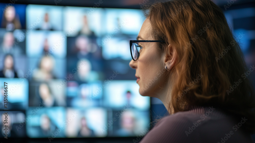 Aufkleber woman with glasses is leading virtual meeting in high tech office, focusing intently on large screen