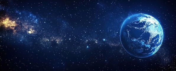 Obraz premium Vast Space with Dark Blue Background and Stars, Centered Earth in Hyper-Realistic Rendering, Floating Amidst Galaxies, Capturing the Majesty of the Cosmos