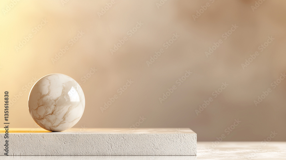 Poster marble sphere rests elegantly on minimalist platform against warm, blurred background, creating sere