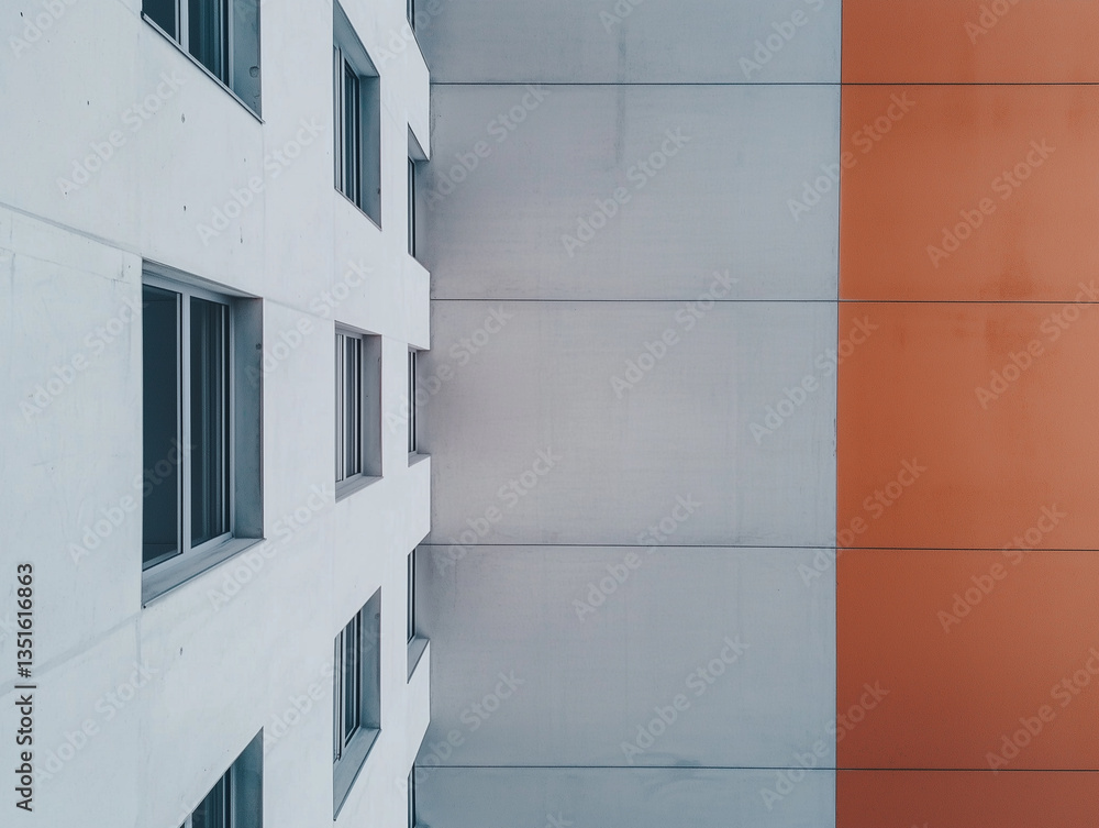 Poster modern building facade with minimalist design features striking contrast between white and orange pa