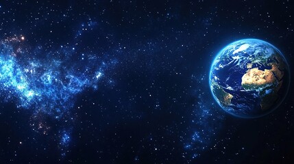 Obraz premium Vast Space with Dark Blue Background and Stars, Centered Earth in Hyper-Realistic Rendering, Floating Amidst Galaxies, Capturing the Majesty of the Cosmos