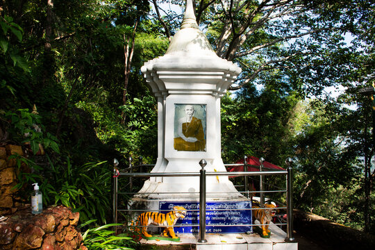 Stupa pagoda of Saint of Lanna Kruba Sriwichai or Khruba Siwichai Thai Buddhist monk at front of Tham Muang On cave for thai people traveler respect praying on November 9, 2020 in Chiang Mai, Thailand