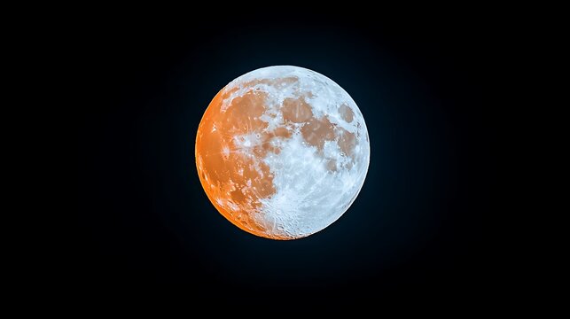 A vibrant moon glows in the dark, showing shades of orange and white against a black background