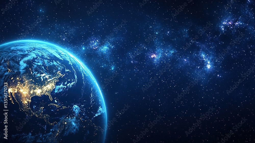 Canvas Prints vast space with dark blue background and stars, centered earth in hyper-realistic rendering, floatin
