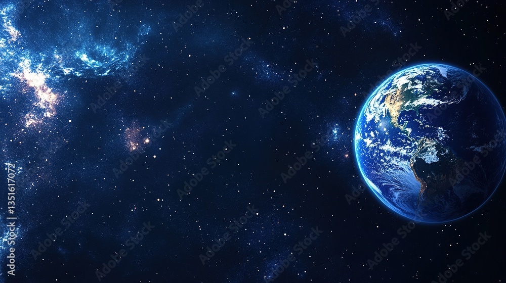 Wall mural vast space with dark blue background and stars, centered earth in hyper-realistic rendering, floatin