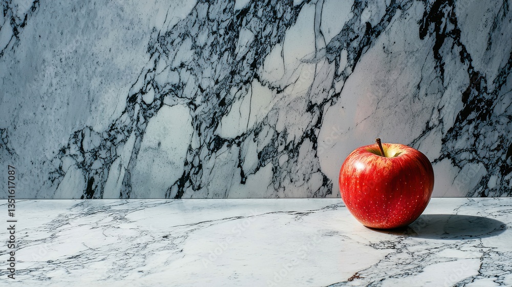Poster fresh red apple on elegant marble table surface with unique veins and pattern contrast