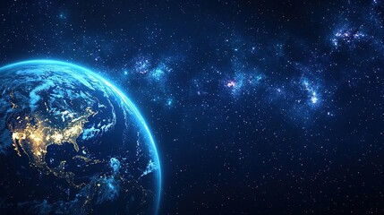 Obraz premium Vast Space with Dark Blue Background and Stars, Centered Earth in Hyper-Realistic Rendering, Floating Amidst Galaxies, Capturing the Majesty of the Cosmos