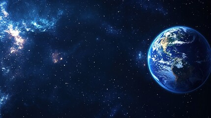 Fototapeta premium Vast Space with Dark Blue Background and Stars, Centered Earth in Hyper-Realistic Rendering, Floating Amidst Galaxies, Capturing the Majesty of the Cosmos