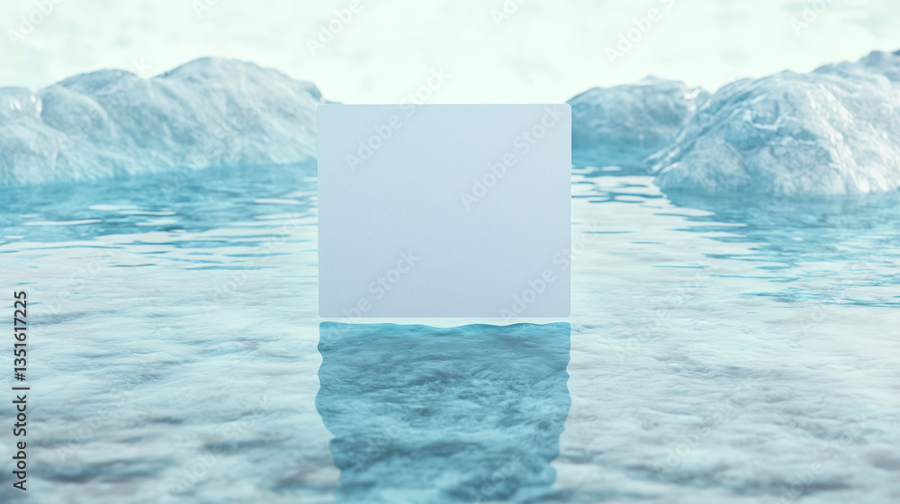 Aufkleber white square card is placed on reflective icy surface, surrounded by textured ice formations. serene